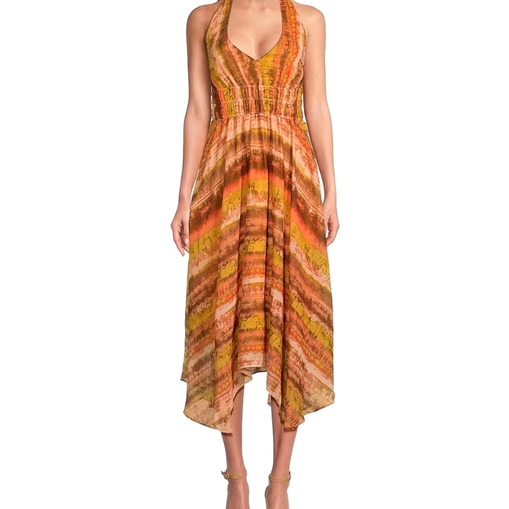 Halter V-Neck Sleeveless Smocked Waist Handkerchief Hem Dress